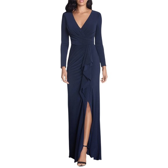 NWT Betsy & Adam Long Sleeve Surplice V-Neck Front Slit Side Ruched Gown in Navy - Picture 3 of 5
